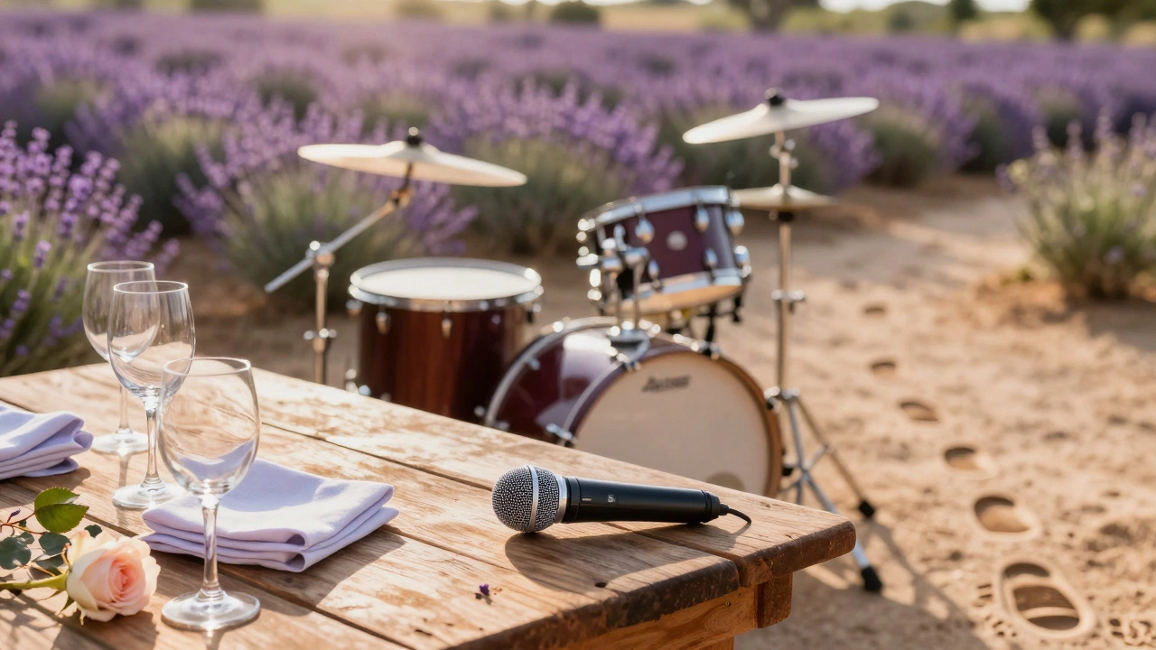 A compact drum kit and microphone left in a sunlit Provençal garden after a performance.