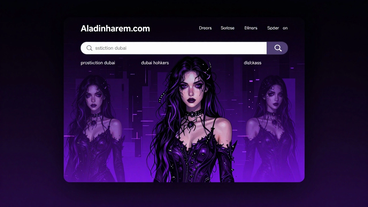 A glitchy, fading website homepage displays AI-generated portraits with arachnid motifs and search terms dissolving into pixels.