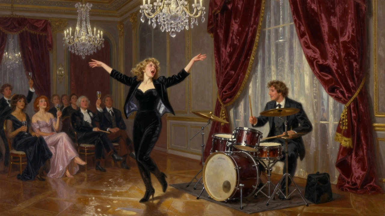 An elegant duo playing in a grand French château ballroom under crystal chandeliers.