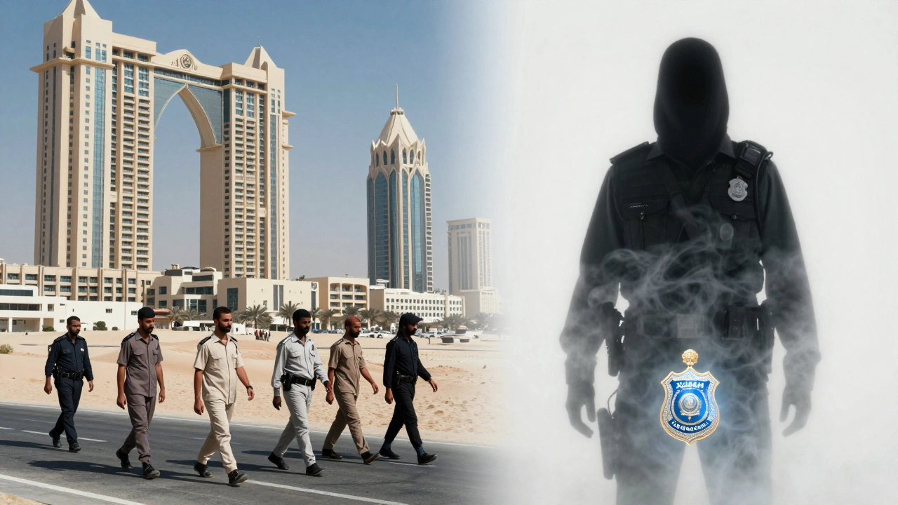 Migrant workers walk past luxury hotels as a mythical figure vanishes into smoke beside a glowing police badge.